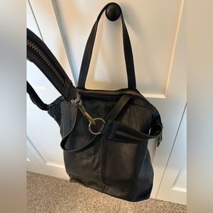 Black leather Crossbody with double handles.